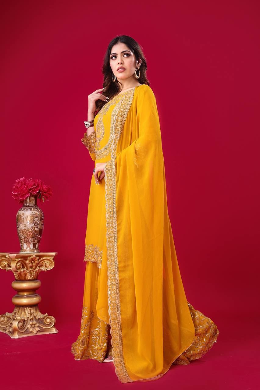 Mustard Yellow Embroidered Sharara Suit for Women Festive