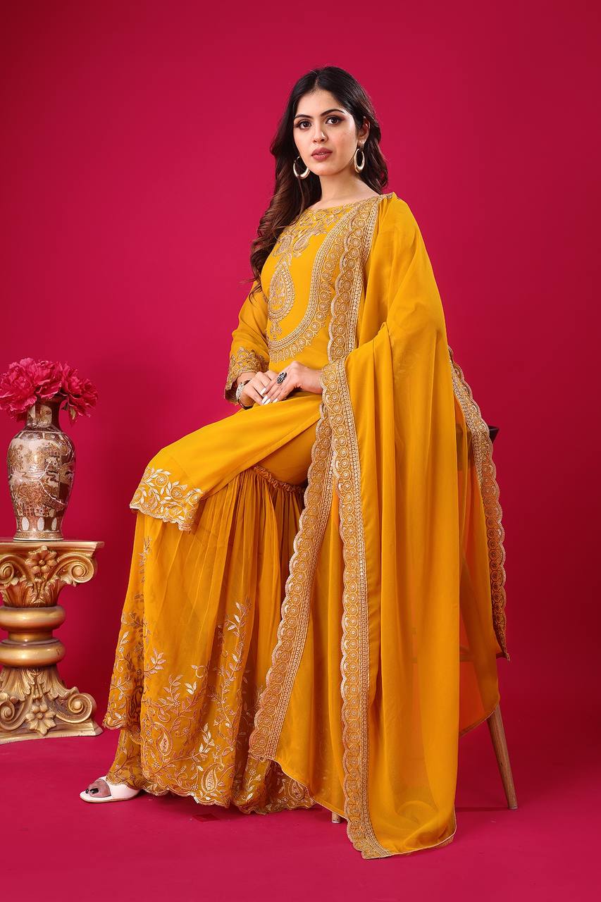 Mustard Yellow Embroidered Sharara Suit for Women Festive
