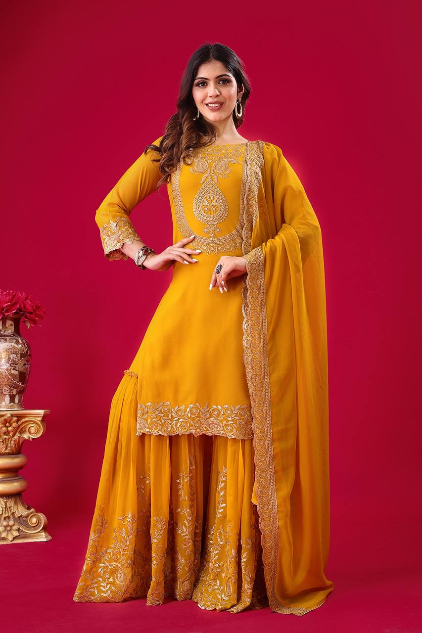 Mustard Yellow Embroidered Sharara Suit for Women Festive