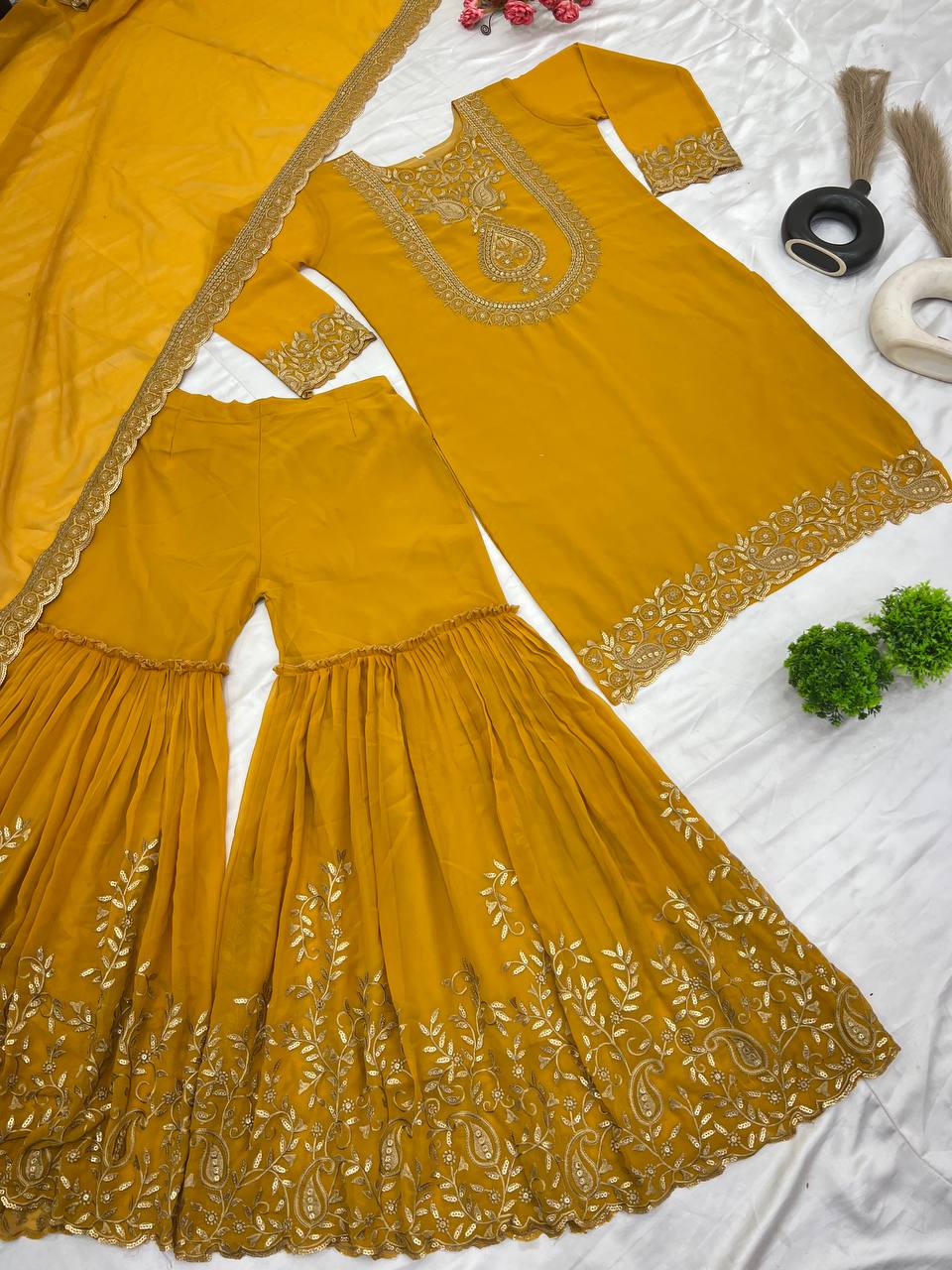 Mustard Yellow Embroidered Sharara Suit for Women Festive