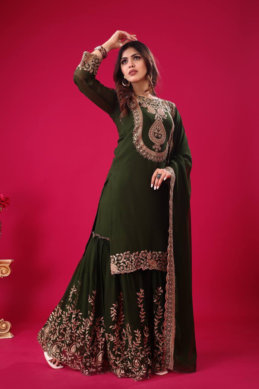 Elegant Dark Green Embroidered Sharara Suit for Wedding and Festive Wear