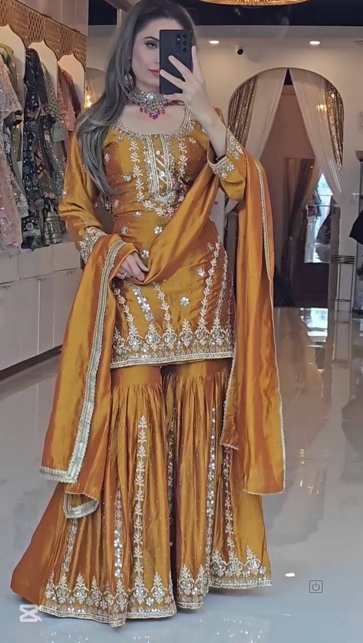 Mustard Yellow Sharara Suit with Heavy Embroidery for Festive and Wedding Wear