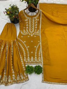 Mustard Yellow Sharara Suit with Heavy Embroidery for Festive and Wedding Wear