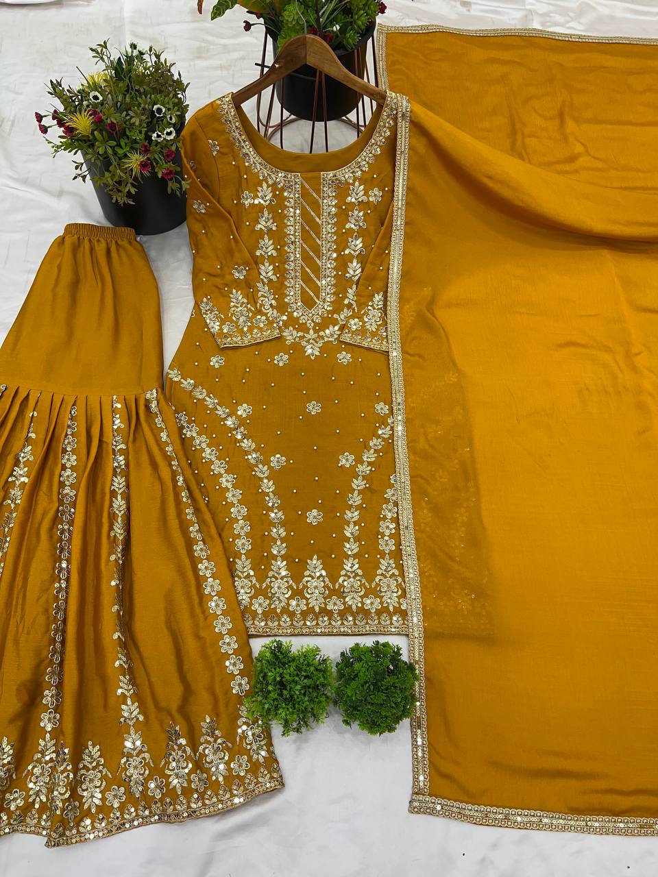 Mustard Yellow Sharara Suit with Heavy Embroidery for Festive and Wedding Wear