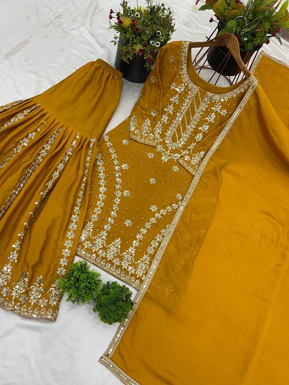 Mustard Yellow Sharara Suit with Heavy Embroidery for Festive and Wedding Wear