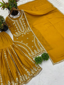 Mustard Yellow Sharara Suit with Heavy Embroidery for Festive and Wedding Wear