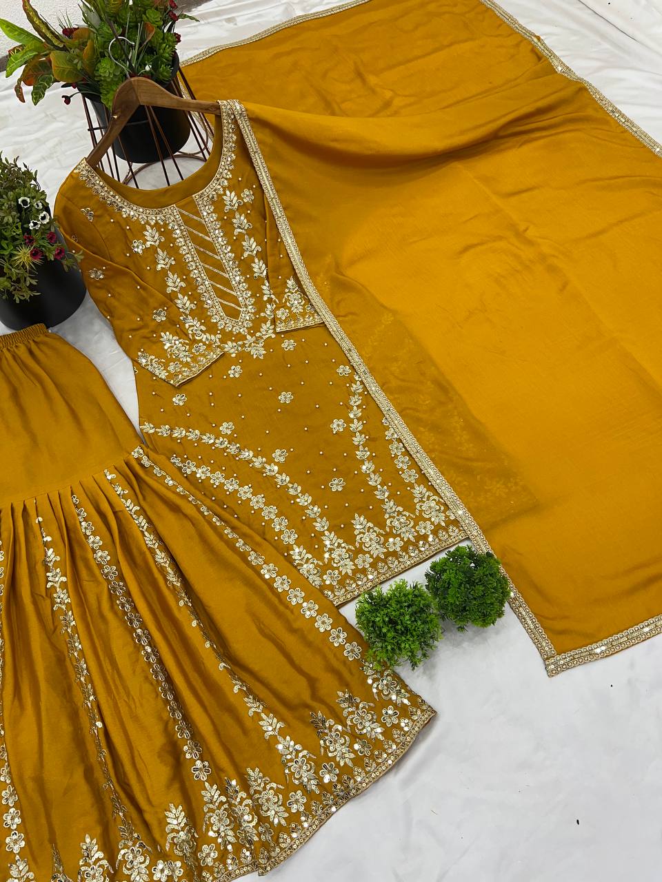 Mustard Yellow Sharara Suit with Heavy Embroidery for Festive and Wedding Wear