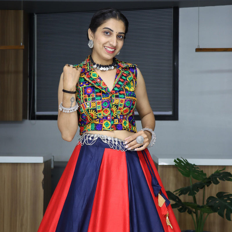Navy Blue and Red Traditional Lehenga Choli with Kutchi Embroidered Blouse for Garba and Navratri