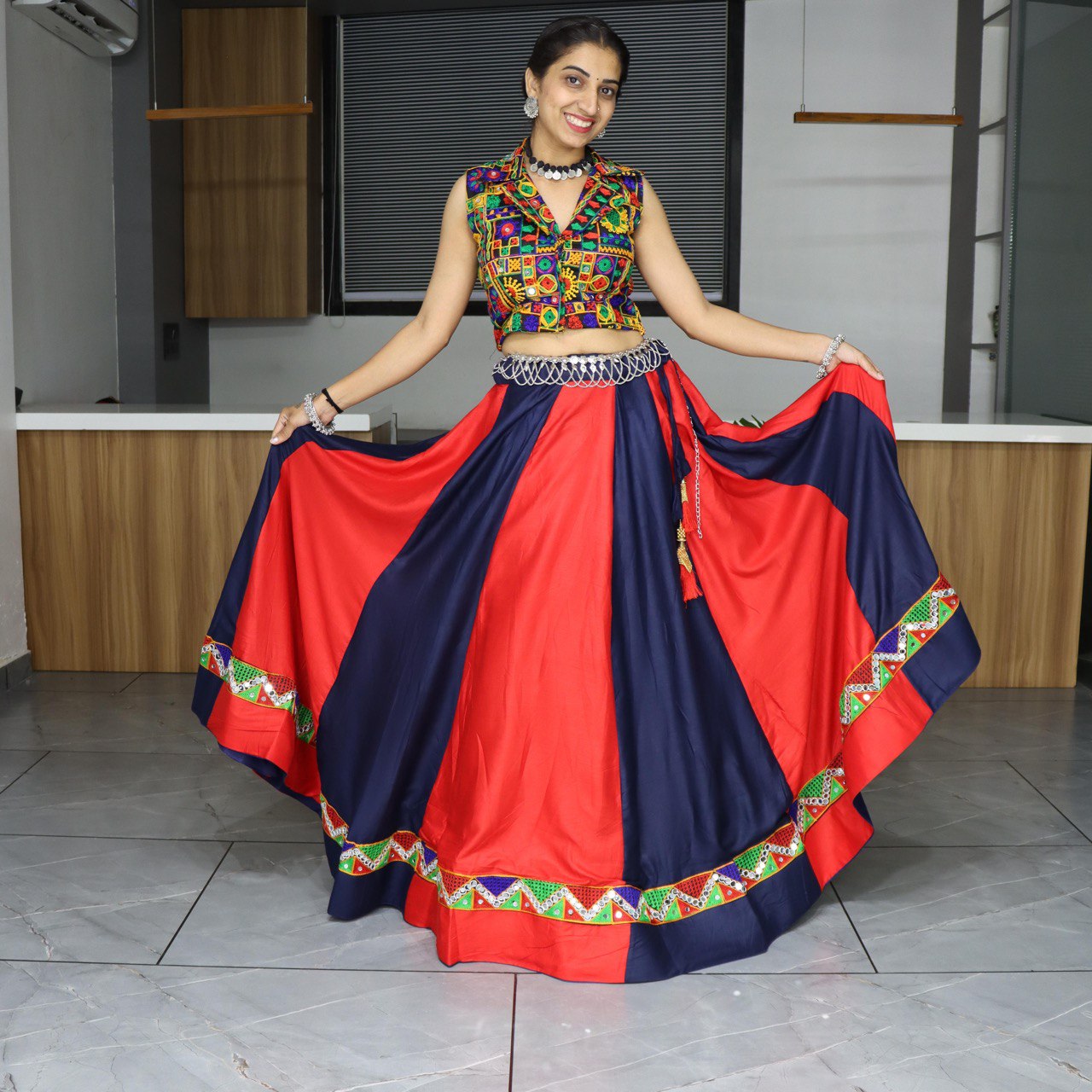 Navy Blue and Red Traditional Lehenga Choli with Kutchi Embroidered Blouse for Garba and Navratri