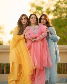 Pastel Salwar Suit Trio Yellow, Peach Pink & Sky Blue Ethnic Sets for Women 3 in 1 Combo