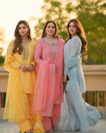 Pastel Salwar Suit Trio Yellow, Peach Pink & Sky Blue Ethnic Sets for Women 3 in 1 Combo