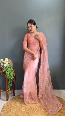 Peach Pink Net Embroidered Saree with Sequin and Floral Work