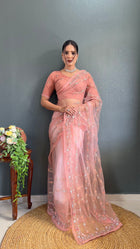 Peach Pink Net Embroidered Saree with Sequin and Floral Work