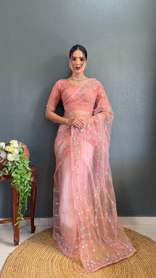 Peach Pink Net Embroidered Saree with Sequin and Floral Work