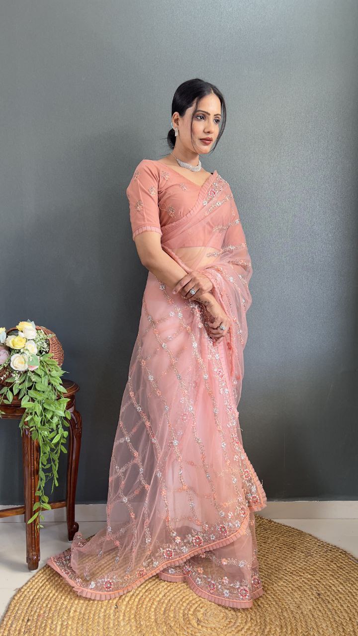 Peach Pink Net Embroidered Saree with Sequin and Floral Work