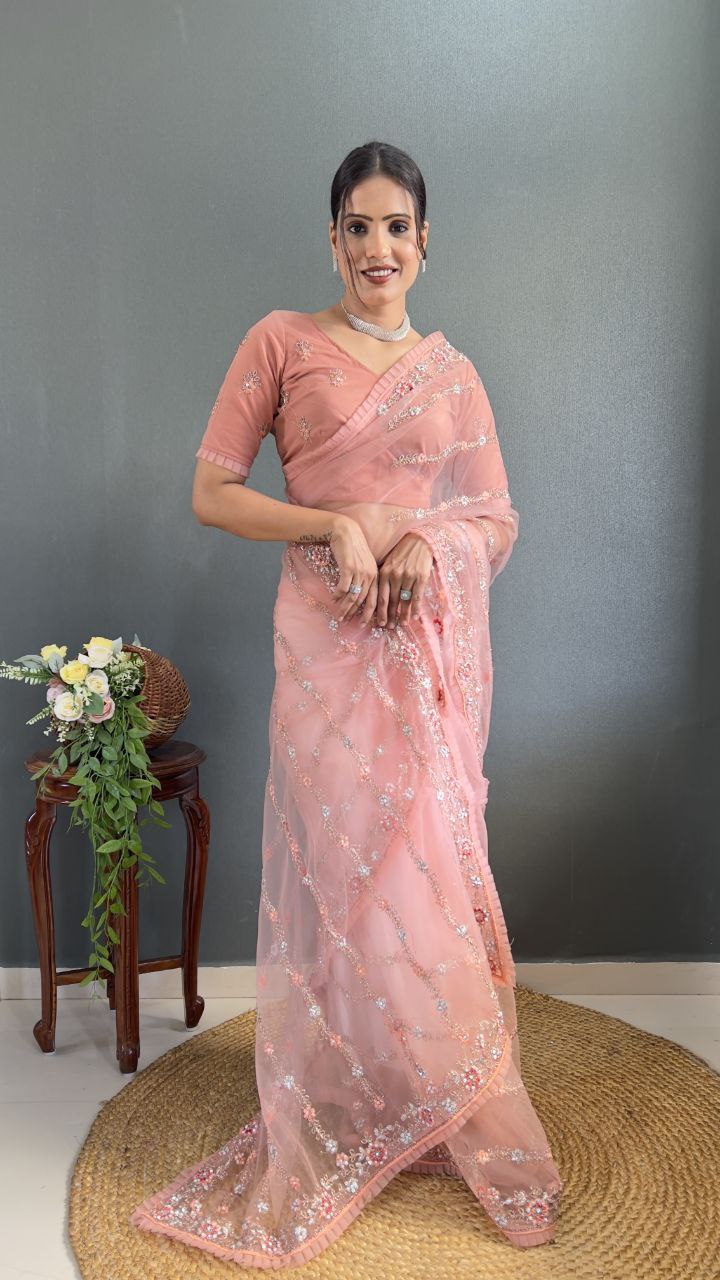 Peach Pink Net Embroidered Saree with Sequin and Floral Work