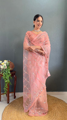 Peach Pink Net Embroidered Saree with Sequin and Floral Work