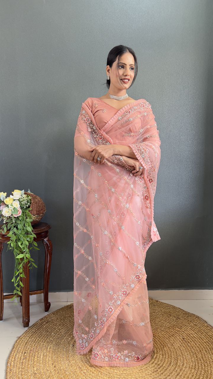 Peach Pink Net Embroidered Saree with Sequin and Floral Work