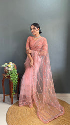 Peach Pink Net Embroidered Saree with Sequin and Floral Work