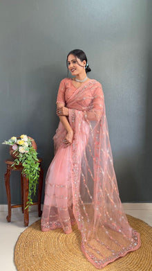 Peach Pink Net Embroidered Saree with Sequin and Floral Work