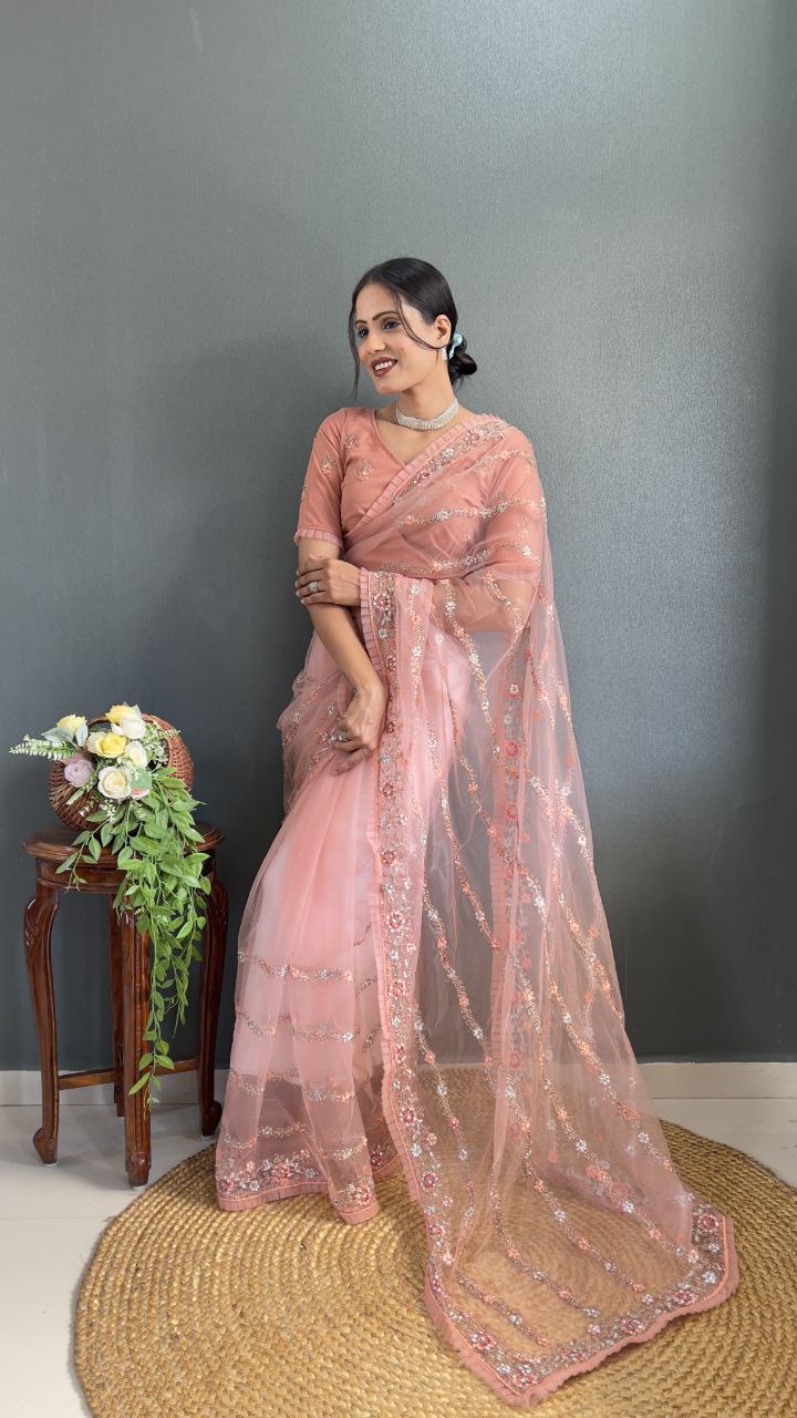 Peach Pink Net Embroidered Saree with Sequin and Floral Work