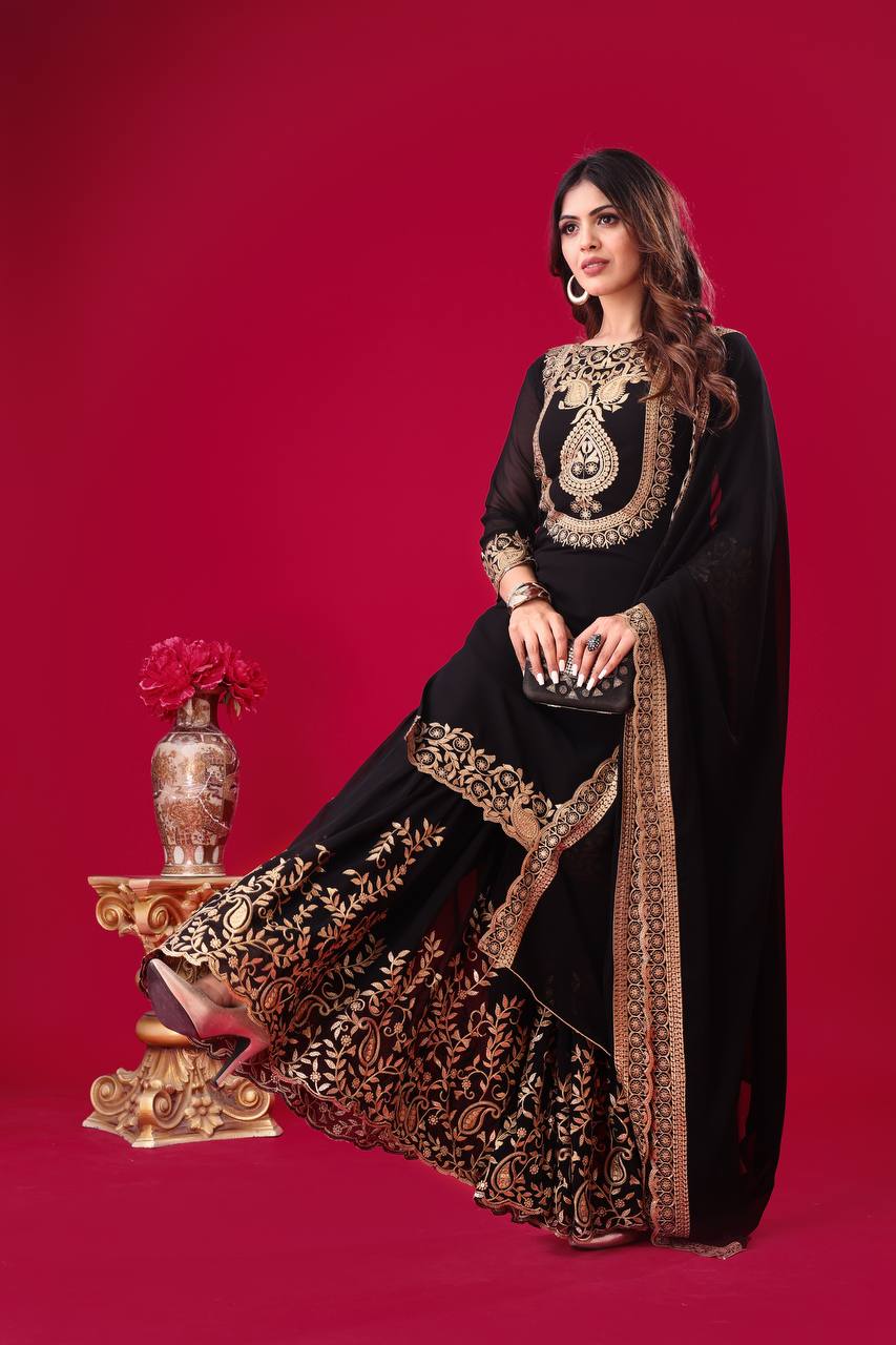 Stunning Black Embroidered Sharara Suit for Party Festive Wear