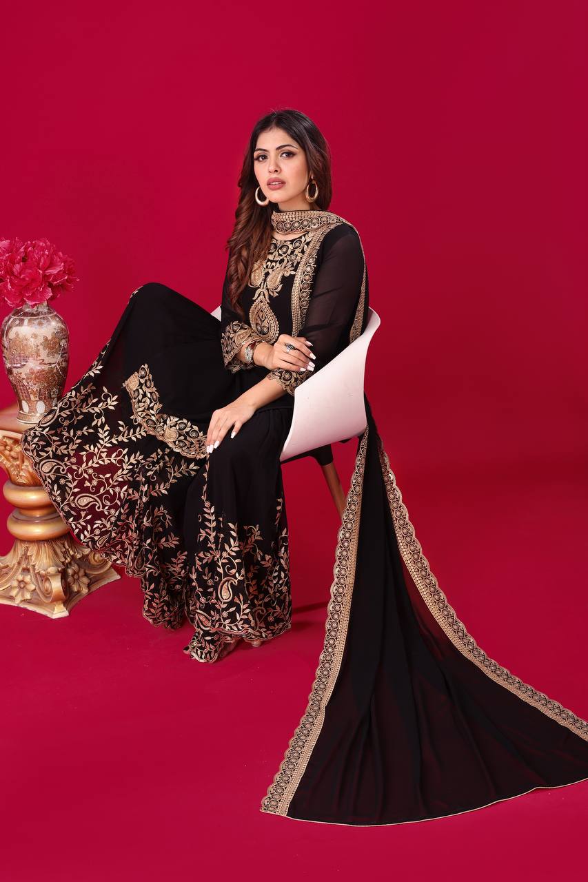 Stunning Black Embroidered Sharara Suit for Party Festive Wear