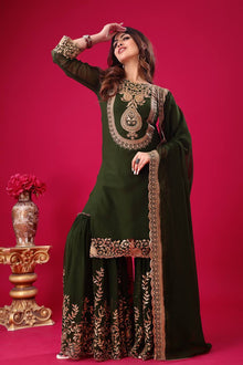 Elegant Dark Green Embroidered Sharara Suit for Wedding and Festive Wear