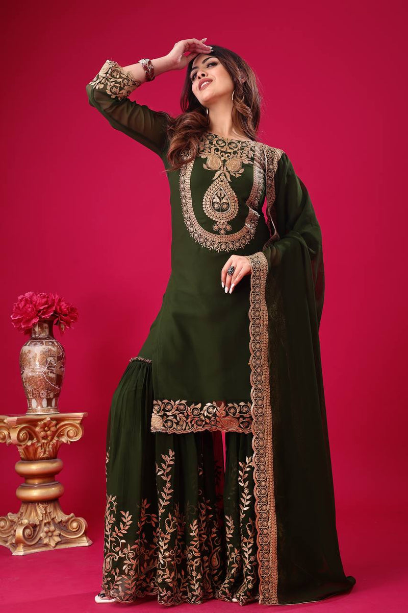 Elegant Dark Green Embroidered Sharara Suit for Wedding and Festive Wear