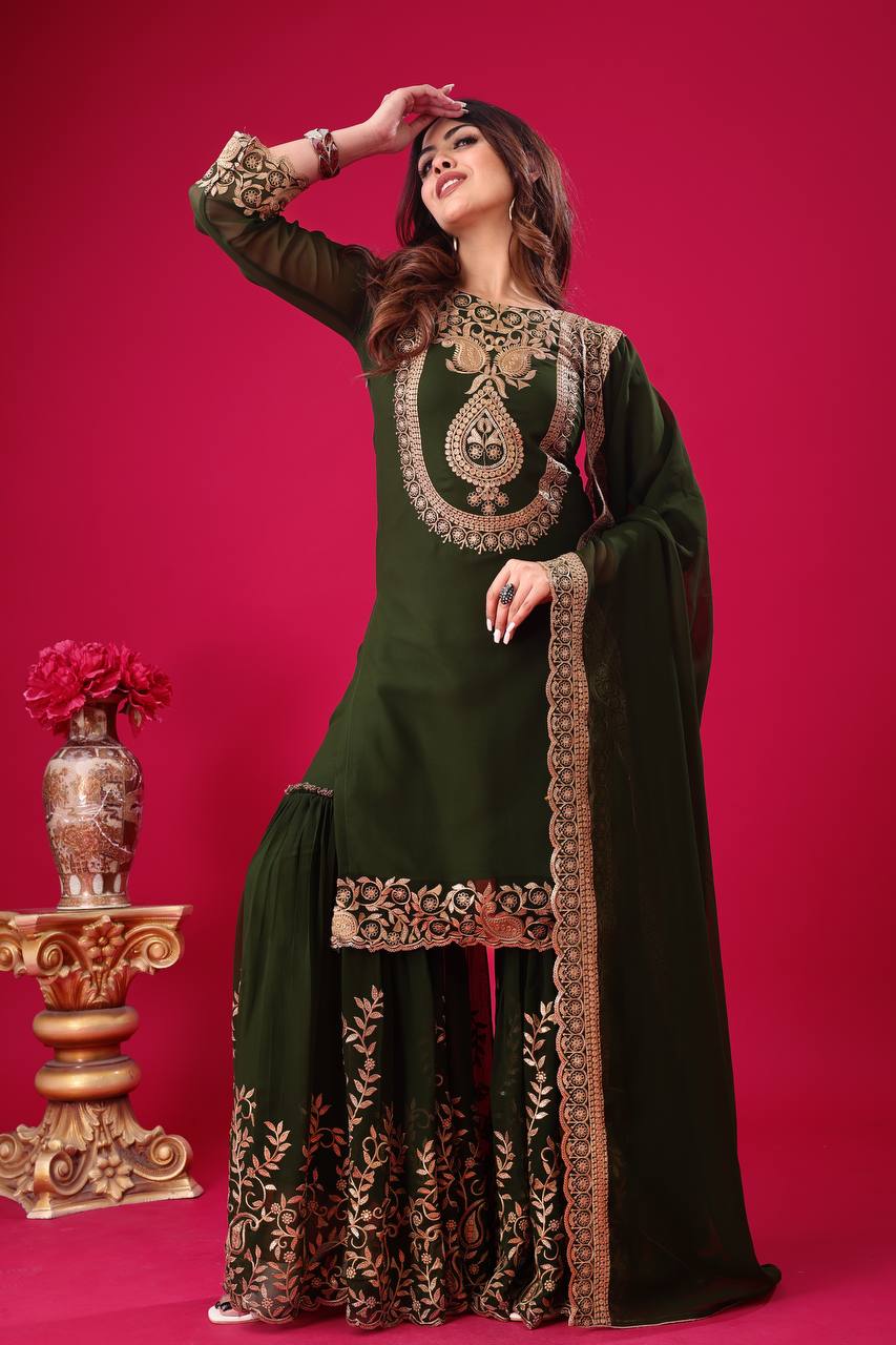 Elegant Dark Green Embroidered Sharara Suit for Wedding and Festive Wear