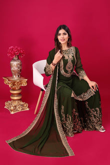 Elegant Dark Green Embroidered Sharara Suit for Wedding and Festive Wear