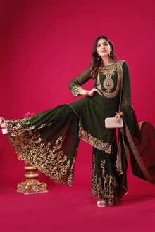 Elegant Dark Green Embroidered Sharara Suit for Wedding and Festive Wear