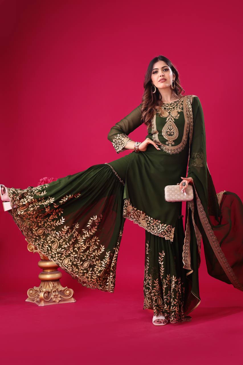 Elegant Dark Green Embroidered Sharara Suit for Wedding and Festive Wear
