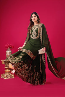 Elegant Dark Green Embroidered Sharara Suit for Wedding and Festive Wear