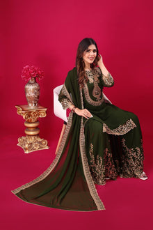 Elegant Dark Green Embroidered Sharara Suit for Wedding and Festive Wear