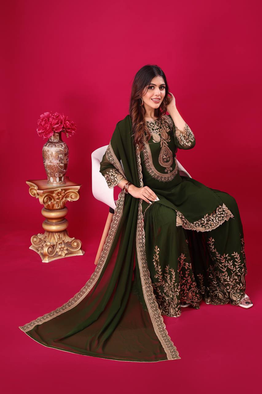 Elegant Dark Green Embroidered Sharara Suit for Wedding and Festive Wear