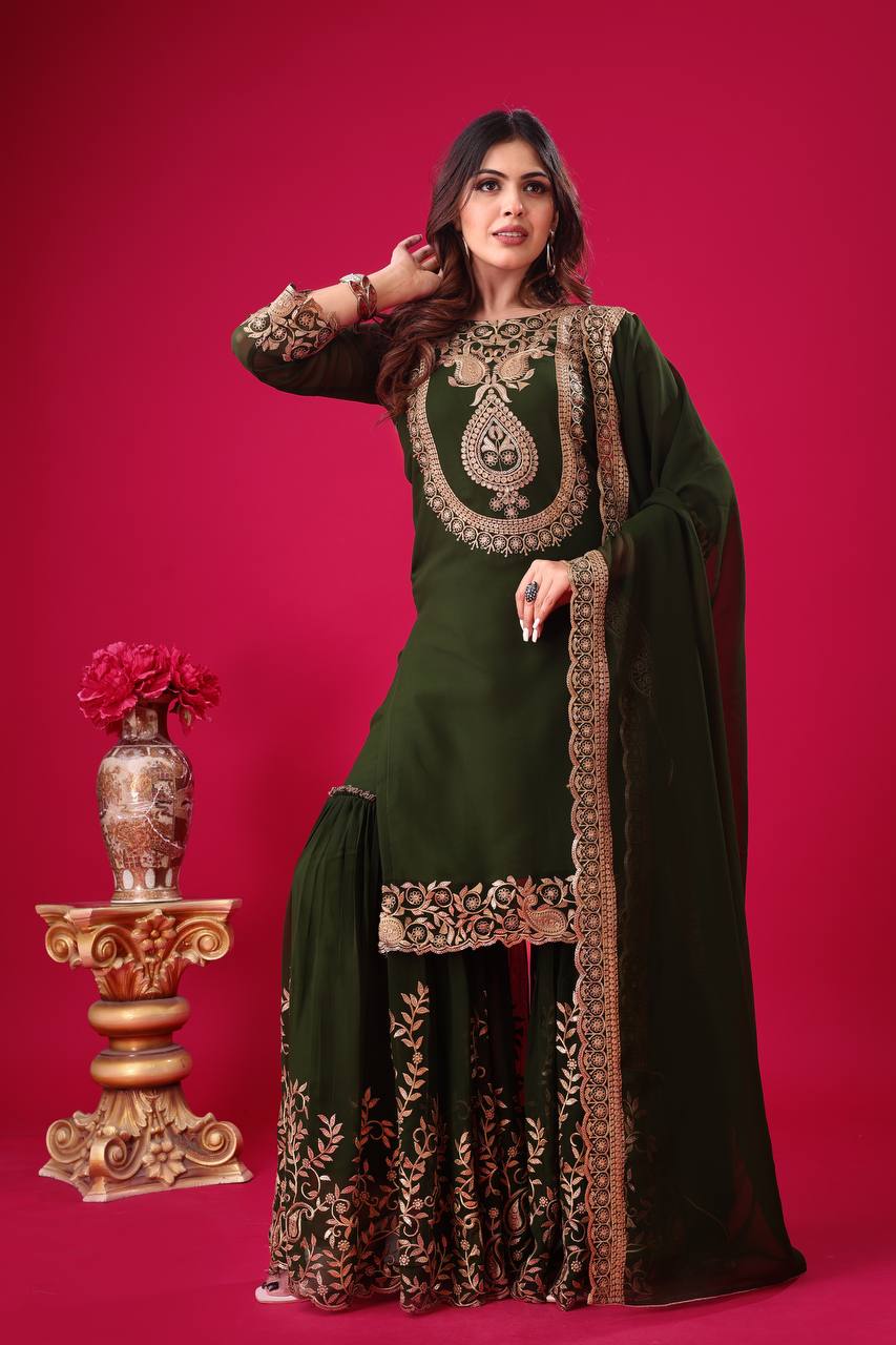 Elegant Dark Green Embroidered Sharara Suit for Wedding and Festive Wear