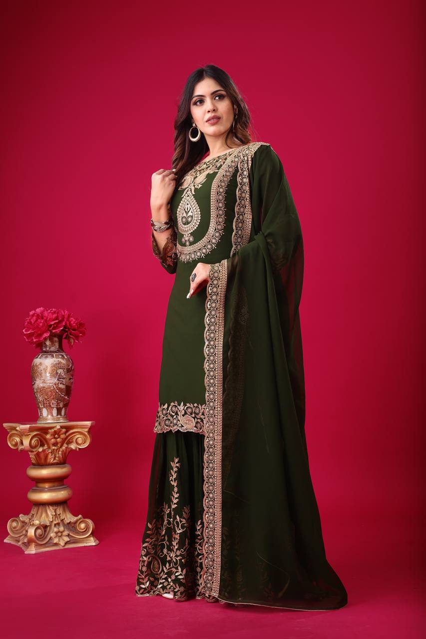 Elegant Dark Green Embroidered Sharara Suit for Wedding and Festive Wear