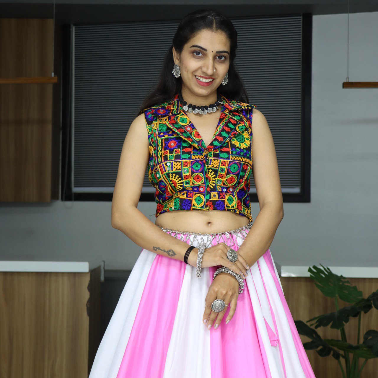 Pink and White Navratri Lehenga Choli with Kutchi Embroidered Blouse for Garba