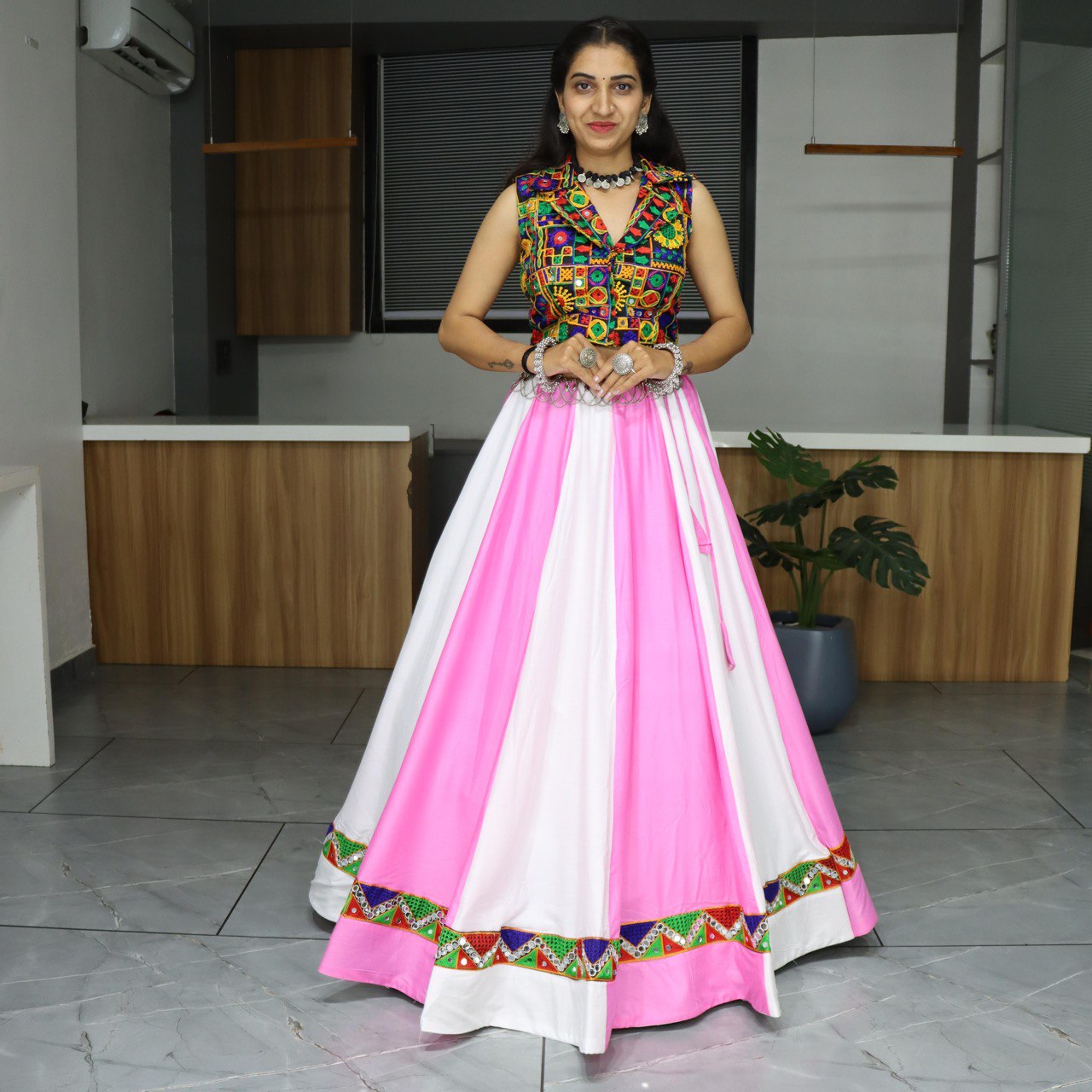 Pink and White Navratri Lehenga Choli with Kutchi Embroidered Blouse for Garba