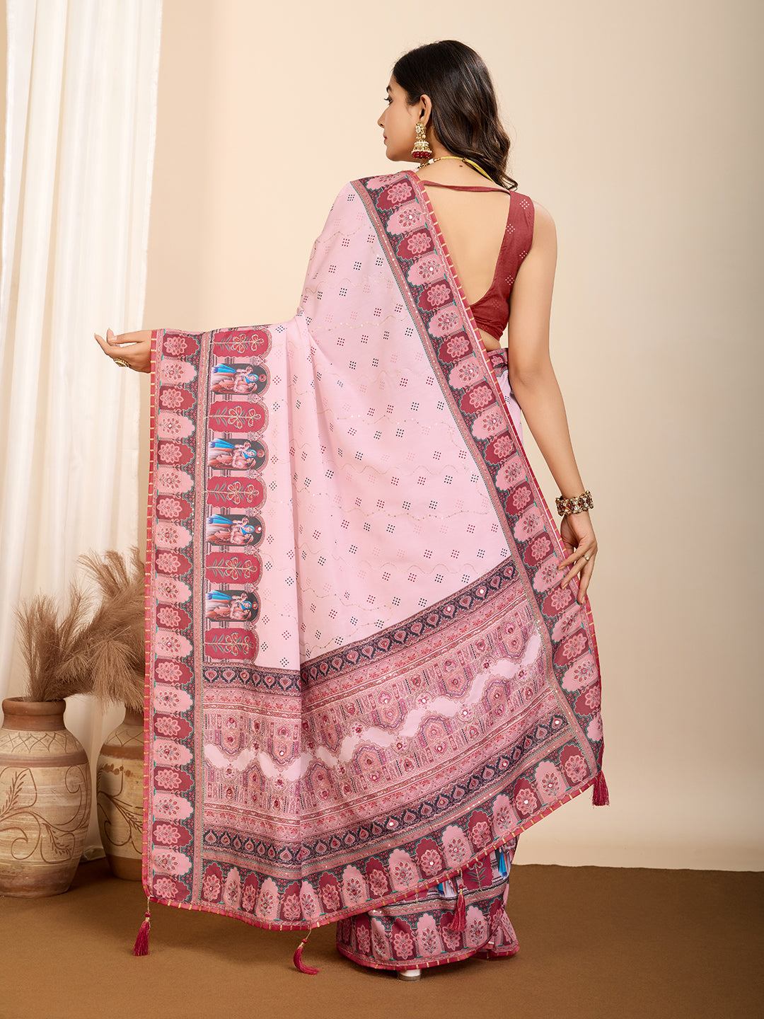 Pink Digital Print Saree with Maroon Ethnic Border Traditional & Festive Wear
