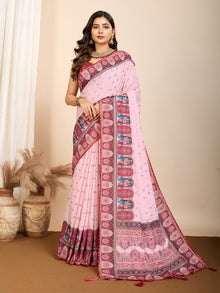 Pink Digital Print Saree with Maroon Ethnic Border Traditional & Festive Wear