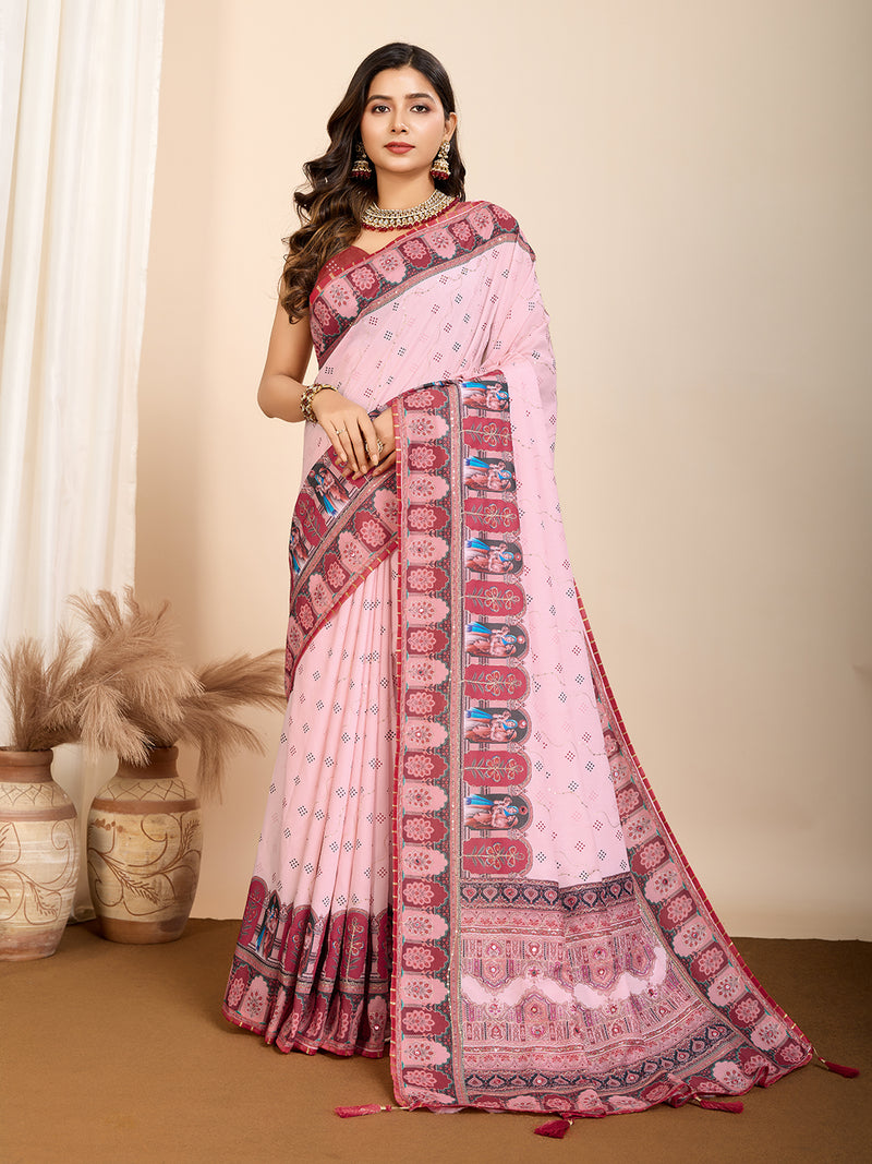 Pink Digital Print Saree with Maroon Ethnic Border Traditional & Festive Wear