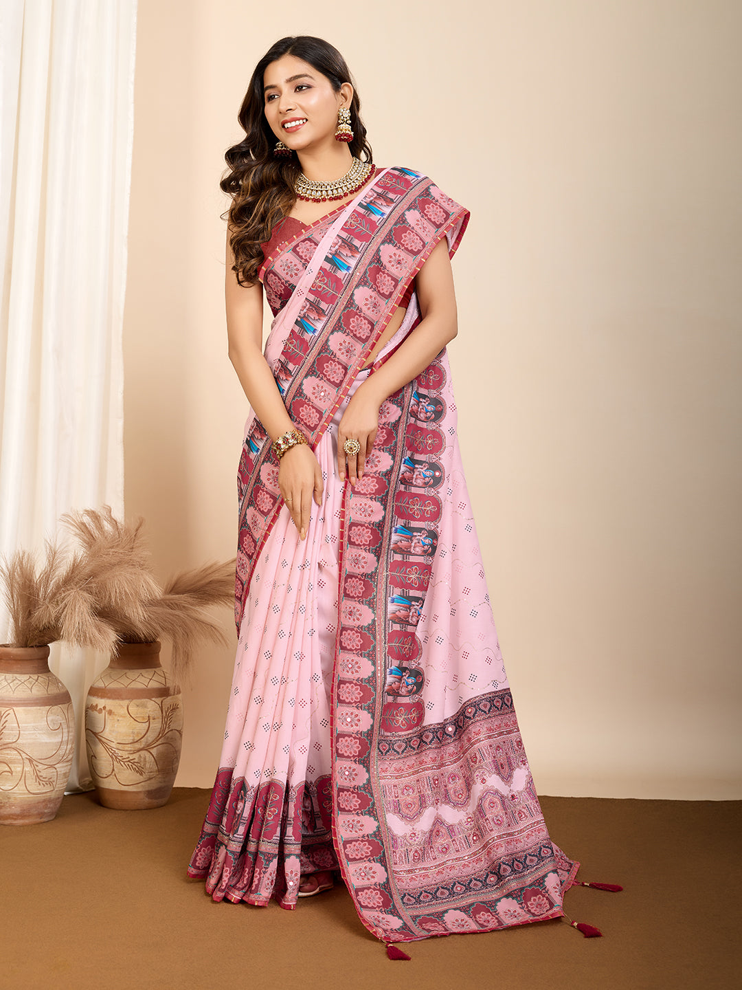 Pink Digital Print Saree with Maroon Ethnic Border Traditional & Festive Wear