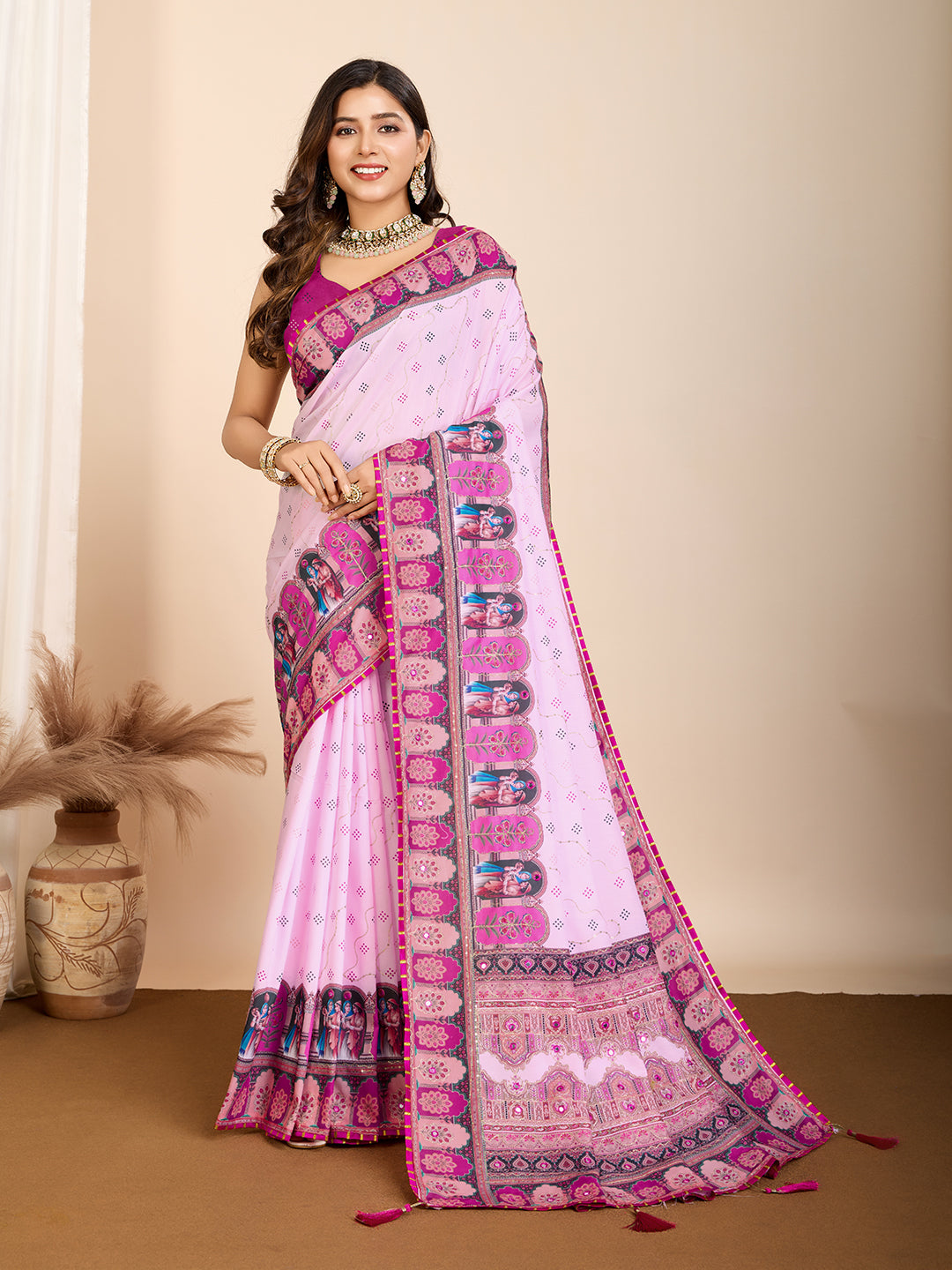 Pink Ethnic Printed Saree with Rajasthani Motifs Festive & Cultural Wear