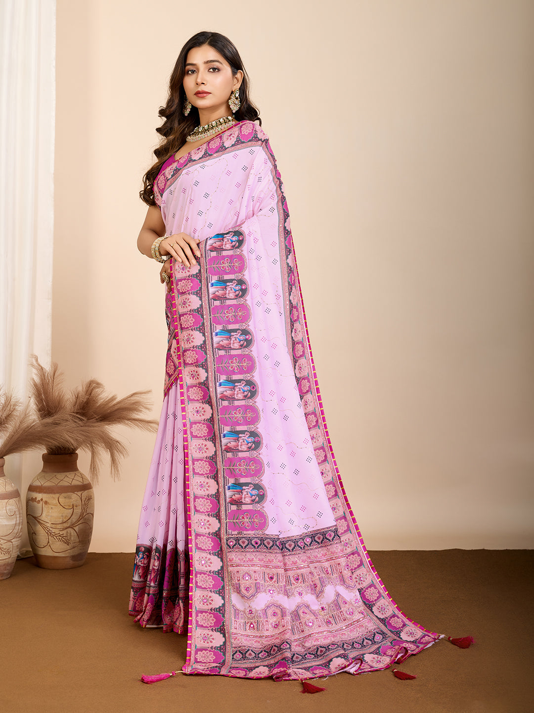 Pink Ethnic Printed Saree with Rajasthani Motifs Festive & Cultural Wear