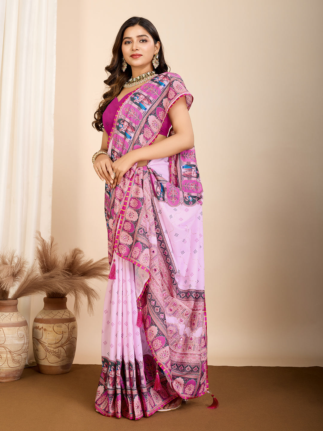Pink Ethnic Printed Saree with Rajasthani Motifs Festive & Cultural Wear