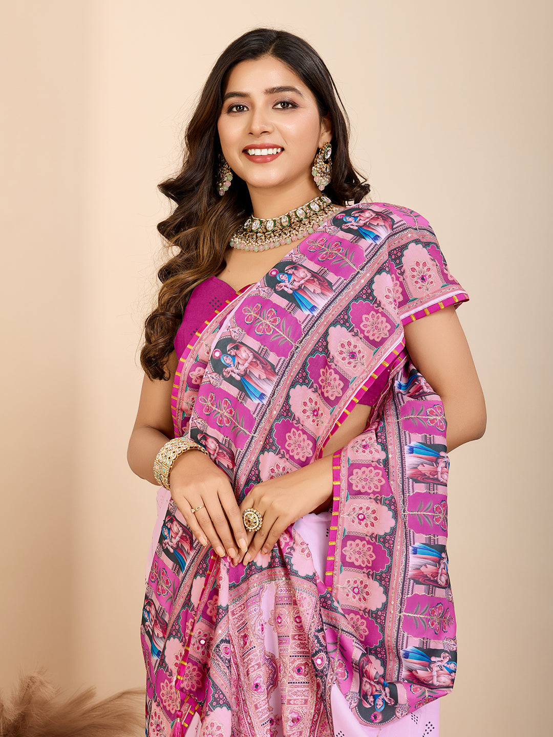 Pink Ethnic Printed Saree with Rajasthani Motifs Festive & Cultural Wear
