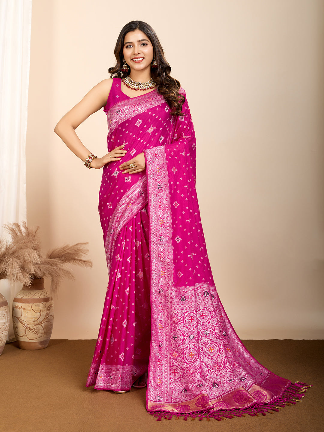 Pure Pink Silk Saree with Mina Kari Weaving and Rich Pallu  Festive Wear