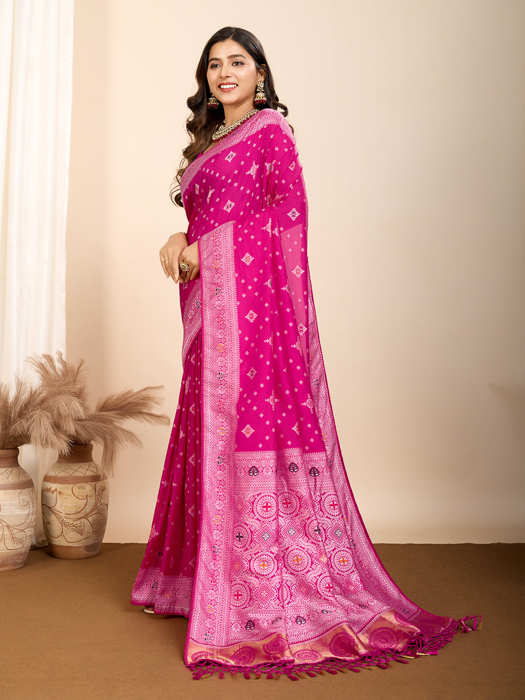 Pure Pink Silk Saree with Mina Kari Weaving and Rich Pallu  Festive Wear